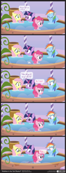 Size: 900x2370 | Tagged: safe, artist:dm29, character:fluttershy, character:pinkie pie, character:rainbow dash, character:twilight sparkle, species:pony, bath, bubble, comic, confetti, fart, farting bubbles, farting confetti, hot tub, jacuzzi, remastered