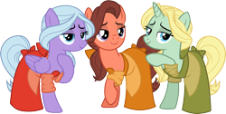 Size: 1991x1001 | Tagged: safe, artist:cloudyglow, character:dear darling, character:fond feather, character:swoon song, species:pony, episode:hard to say anything, g4, my little pony: friendship is magic, beauty and the beast, bimbettes, bimbettes (beauty and the beast), clothes swap, clothing, cosplay, costume, crossover, cute, disney, female, raised hoof, simple background, transparent background, trio, trio female