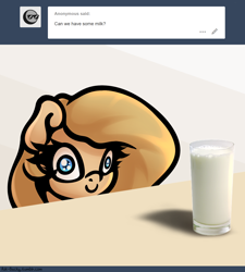 Size: 1280x1420 | Tagged: safe, artist:slavedemorto, oc, oc only, oc:backy, species:pony, ask, cup, exploitable meme, face of mercy, meme, milk, pure unfiltered evil, simple background, smiling, solo, spilled milk, table, this will end in spilled milk, tumblr, white background, wide eyes, xk-class end-of-the-world scenario