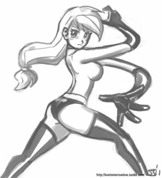Size: 909x1000 | Tagged: safe, artist:johnjoseco, character:applejack, species:human, ass, breasts, busty applejack, crossover, elastigirl, female, grayscale, humanized, monochrome, mrs. incredible, stretchy, the incredibles, thick