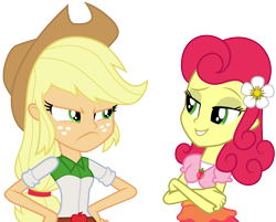 Size: 1244x1001 | Tagged: safe, artist:cloudyglow, character:applejack, character:strawberry sunrise, episode:honest apple, g4, my little pony: friendship is magic, my little pony:equestria girls, clothing, cowboy hat, duo, equestria girls interpretation, equestria girls-ified, freckles, hat, lidded eyes, scene interpretation, simple background, smiling, smug, stetson, strawberry savage, transparent background, unamused