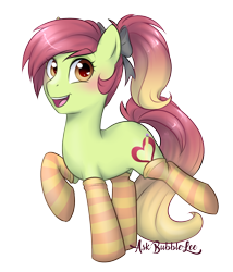 Size: 2146x2503 | Tagged: safe, artist:askbubblelee, oc, oc only, oc:artline, species:earth pony, species:pony, species:unicorn, art trade, blushing, bow, clothing, cute, female, hair bow, heart, looking at you, mare, open mouth, ponytail, raised hoof, raised leg, simple background, smiling, socks, stockings, striped socks, thigh highs, transparent background, wingding eyes