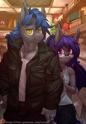 Size: 910x1300 | Tagged: safe, artist:atryl, oc, oc only, oc:dusk rhine, oc:racket rhine, species:anthro, species:bat pony, species:pony, anthro oc, bat pony oc, brother and sister, clothing, cute, duo, female, glasses, jacket, looking at you, male, mare, nervous, potion, rule 63, shop, siblings, smiling, stallion