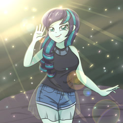 Size: 3507x3507 | Tagged: safe, artist:sumin6301, character:coloratura, my little pony:equestria girls, breasts, clothing, cute, denim, equestria girls-ified, female, looking at you, see-through, shirt, shorts, skirt, smiling, solo, thighs, veil