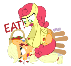 Size: 840x780 | Tagged: safe, artist:dm29, character:applejack, character:strawberry sunrise, species:earth pony, species:pegasus, species:pony, episode:honest apple, g4, my little pony: friendship is magic, basket, duo, duo female, female, fight, food, food fight, force feeding, mare, simple background, stool, strawberry, strawberry savage, that pony sure does hate strawberries, tied up, transparent background