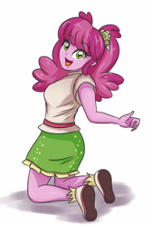 Size: 2362x3507 | Tagged: safe, artist:sumin6301, character:cheerilee, my little pony:equestria girls, cheeribetes, cute, female, kneeling, looking at you, looking back, looking back at you, simple background, smiling, smiling at you, solo