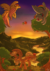 Size: 700x1000 | Tagged: safe, artist:atryl, character:applejack, character:fluttershy, character:rainbow dash, species:earth pony, species:pegasus, species:pony, apple, female, flying, juggling, scenery, sunset, trio, trio female