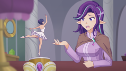 Size: 1280x721 | Tagged: safe, artist:jonfawkes, character:starlight glimmer, character:twilight sparkle, species:human, episode:a royal problem, g4, my little pony: friendship is magic, ballerina, ballet slippers, beautiful, clothing, duo, elf ears, female, hair bun, humanized, leotard, looking at each other, open mouth, raised leg, scene interpretation, tutu, twilarina, unicorns as elves