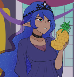 Size: 1250x1296 | Tagged: safe, artist:jonfawkes, character:princess luna, species:human, episode:a royal problem, g4, my little pony: friendship is magic, clothing, eating, elf ears, female, food, humanized, majestic as fuck, moderate dark skin, pineapple, scene interpretation, sleepy, solo, tired