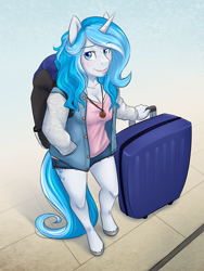Size: 3000x4000 | Tagged: safe, artist:askbubblelee, oc, oc only, oc:bubble lee, oc:imago, species:anthro, species:pony, species:unguligrade anthro, species:unicorn, anthro oc, backpack, breasts, cleavage, clothing, female, freckles, hands in pockets, looking at you, luggage, mare, smiling, solo, story in the source