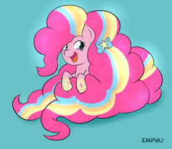 Size: 1000x867 | Tagged: safe, artist:empyu, character:pinkie pie, species:earth pony, species:pony, cute, diapinkes, female, impossibly long mane, long mane, mare, open mouth, rainbow power, simple background, smiling, solo