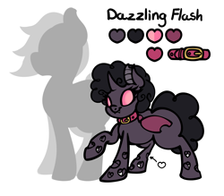 Size: 1280x1120 | Tagged: safe, artist:slavedemorto, oc, oc only, oc:dazzling flash, species:changeling, changeling oc, collar, curly hair, purple changeling, reference sheet