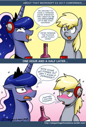 Size: 700x1027 | Tagged: safe, artist:johnjoseco, character:derpy hooves, character:princess luna, species:pony, alcohol, ask gaming princess luna, comic, dialogue, drinking game, drunk, e3, speech bubble, underp