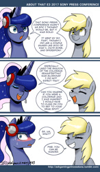 Size: 800x1371 | Tagged: safe, artist:johnjoseco, character:derpy hooves, character:princess luna, species:alicorn, species:pegasus, species:pony, gamer luna, ship:lunaderp, ask gaming princess luna, blushing, comic, dialogue, e3, eyes closed, female, lesbian, mare, shipping, speech bubble