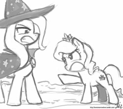 Size: 800x711 | Tagged: safe, artist:johnjoseco, character:diamond tiara, character:trixie, species:earth pony, species:pony, species:unicorn, duo, duo female, female, filly, glare, grayscale, mare, monochrome, pointing