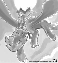 Size: 914x1000 | Tagged: safe, artist:johnjoseco, character:princess luna, species:dragon, species:human, cape, clothing, crossover, duo, female, gray background, grayscale, how to train your dragon, humanized, humans riding dragons, male, military uniform, monochrome, night fury, riding, simple background, spread wings, toothless the dragon, uniform, warrior luna, wings, woman