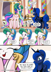 Size: 955x1351 | Tagged: safe, artist:mysticalpha, character:discord, character:princess celestia, character:princess luna, character:queen chrysalis, species:alicorn, species:pony, comic:day in the lives of the royal sisters, comic, crown, cute, cutelestia, dialogue, duo focus, eye twitch, female, horseshoes, jewelry, luna is not amused, lunabetes, mare, peytral, regalia, sillestia, silly, speech bubble, this will end in death, this will not end well, too dumb to live, trollestia, xk-class end-of-the-world scenario