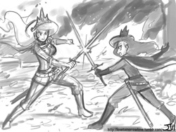 Size: 1100x825 | Tagged: safe, artist:johnjoseco, character:princess celestia, character:princess luna, species:human, clothing, duo, duo female, female, fight, grayscale, humanized, military uniform, monochrome, sword, uniform, warrior celestia, warrior luna, weapon