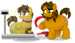 Size: 1024x585 | Tagged: safe, artist:aleximusprime, oc, oc only, oc:alex the chubby pony, oc:thrillseeker, species:pony, christmas, chubby, clothing, costume, fat, hat, holiday, santa costume, santa hat, scale, simple background, the ass was fat, transparent background, unshorn fetlocks, weight gain, weight woe