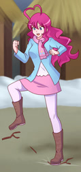 Size: 609x1280 | Tagged: safe, artist:jonfawkes, character:pinkie pie, species:human, episode:not asking for trouble, g4, my little pony: friendship is magic, ahoge, boots, clothing, cute, diapinkes, female, humanized, open mouth, pantyhose, scarf, scene interpretation, skirt, solo, stomping