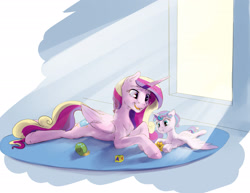 Size: 2640x2040 | Tagged: safe, artist:silfoe, character:princess cadance, character:princess flurry heart, species:alicorn, species:pony, :i, baby, baby pony, cute, cutedance, duo, female, flurrybetes, mare, mother and daughter, prone, sploot, spread wings, toy, whammy, wings
