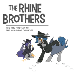 Size: 1636x1611 | Tagged: safe, artist:egophiliac, oc, oc only, oc:dusk rhine, oc:racket rhine, species:bat pony, species:pony, brothers, clothing, cute, detective, eating, food, glasses, hat, hoofprints, magnifying glass, male, orange, siblings, simple background, transparent background