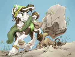 Size: 2640x2040 | Tagged: safe, artist:silfoe, oc, oc only, species:earth pony, species:pony, clothing, commission, ear piercing, earring, earth pony magic, female, hat, jewelry, piebald colouring, piercing, pinto, plant magic, robe, rock, solo