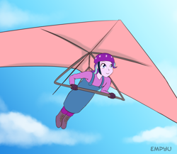 Size: 1000x867 | Tagged: safe, artist:empyu, character:starlight glimmer, my little pony:equestria girls, clothing, female, hang gliding, helmet, sky, smiling, solo