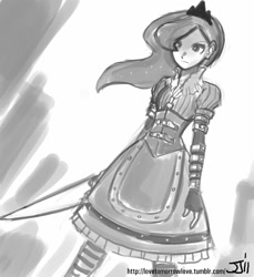 Size: 914x1000 | Tagged: safe, artist:johnjoseco, character:princess luna, species:human, alice in wonderland, alice:madness returns, american mcgee's alice, crossover, female, grayscale, humanized, monochrome, solo, vorpal blade, weapon