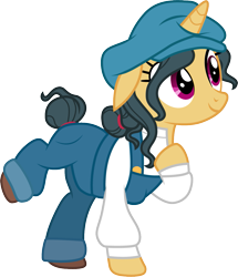 Size: 1001x1165 | Tagged: safe, artist:cloudyglow, character:fresh coat, species:pony, species:unicorn, atlantis: the lost empire, audrey ramirez, clothes swap, clothing, cosplay, costume, crossover, cute, disney, female, hat, mare, ponified, raised leg, simple background, smiling, solo, transparent background, vector
