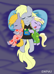 Size: 733x1000 | Tagged: safe, artist:empyu, character:crackle pop, character:derpy hooves, character:dinky hooves, species:pegasus, species:pony, species:unicorn, bed, clothing, colt, cracklebetes, cute, derpabetes, dinkabetes, equestria's best mother, female, filly, male, mare, mother and daughter, mother and son, pajamas, pillow, sleeping, smiling, trio, yawn