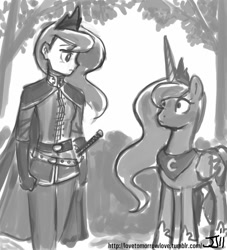 Size: 906x1000 | Tagged: safe, artist:johnjoseco, character:princess luna, species:human, cape, clothing, grayscale, human ponidox, humanized, military uniform, monochrome, ponidox, sword, the fun has been doubled, uniform, warrior luna, weapon