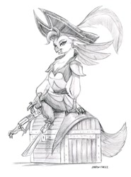 Size: 1100x1483 | Tagged: safe, artist:baron engel, character:captain celaeno, species:anthro, my little pony: the movie (2017), amputee, clothing, crossed legs, female, grayscale, looking at you, monochrome, peg leg, pencil drawing, pirate, prosthetic leg, prosthetic limb, prosthetics, simple background, sketch, smiling, solo, traditional art, treasure chest, white background
