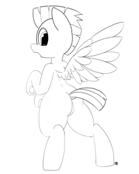 Size: 1280x1598 | Tagged: safe, artist:pabbley, character:thunderlane, species:pegasus, species:pony, 30 minute art challenge, bipedal, dock, featureless crotch, looking back, male, monochrome, simple background, solo, spread wings, stallion, white background, wings