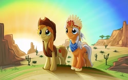 Size: 1024x640 | Tagged: safe, artist:mysticalpha, character:braeburn, species:earth pony, species:pony, g1, backlighting, bandana, cactus, duo, duo male, g1 to g4, generation leap, male, saguaro cactus, stallion, wigwam