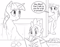 Size: 3300x2550 | Tagged: safe, artist:silfoe, character:spike, character:twilight sparkle, character:twilight sparkle (alicorn), character:twilight velvet, species:alicorn, species:dragon, species:pony, species:unicorn, royal sketchbook, adopted, cookbook, cooking, dialogue, female, grayscale, male, monochrome, mother and son, spike's family