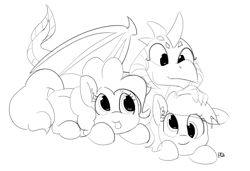 Size: 6508x4452 | Tagged: safe, artist:pabbley, character:derpy hooves, character:pinkie pie, character:princess ember, species:dragon, species:pony, absurd resolution, cuddle puddle, cuddling, cute, diapinkes, emberbetes, monochrome, pony pile, simple background, tongue out, white background