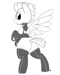 Size: 7364x9193 | Tagged: safe, artist:pabbley, character:thunderlane, species:pegasus, species:pony, absurd resolution, bipedal, clothing, dock, featureless crotch, looking back, male, monochrome, simple background, socks, solo, spread wings, stallion, thigh highs, uniform, white background, wings, wonderbolt trainee uniform