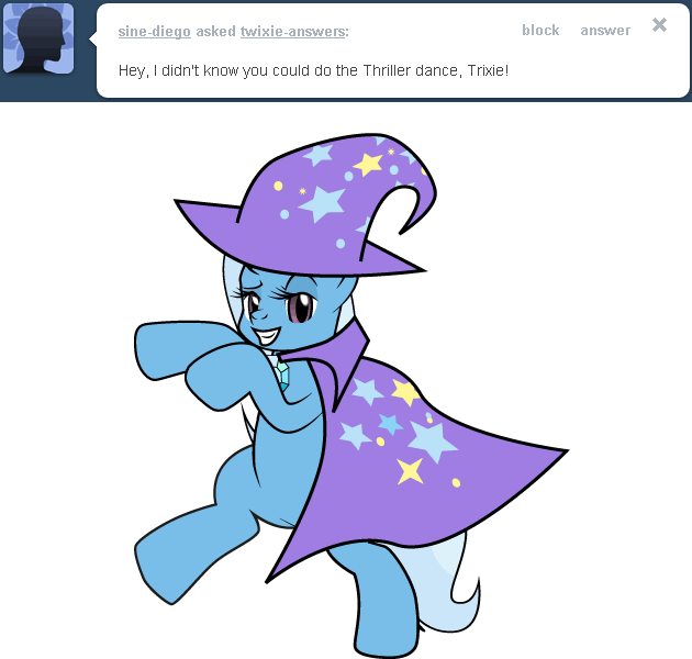 Size: 630x600 | Tagged: safe, artist:dekomaru, character:trixie, species:pony, tumblr:ask twixie, animated, ask, cape, clothing, female, gif, hat, solo, standing, standing on one leg, thriller, trixie's cape, trixie's hat, tumblr