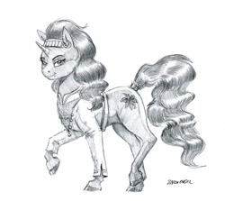 Size: 1300x1160 | Tagged: safe, artist:baron engel, character:saffron masala, species:pony, species:unicorn, episode:spice up your life, g4, my little pony: friendship is magic, chef, female, grayscale, mare, monochrome, pencil drawing, raised hoof, signature, simple background, solo, traditional art, white background