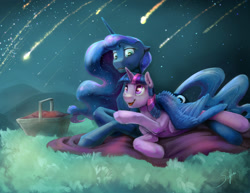 Size: 2000x1545 | Tagged: safe, artist:silfoe, character:princess luna, character:twilight sparkle, character:twilight sparkle (alicorn), species:alicorn, species:pony, ship:twiluna, basket, commission, female, grass, lesbian, meteor shower, open mouth, picnic basket, raised hoof, scenery, shipping, stargazing, stars, wing blanket, wings