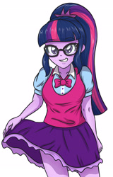 Size: 2244x3507 | Tagged: safe, artist:sumin6301, character:twilight sparkle, character:twilight sparkle (scitwi), species:eqg human, my little pony:equestria girls, breasts, clothing, cute, female, glasses, looking at you, ponytail, simple background, skirt, skirt lift, skirt pull, smiling, solo, teasing, twiabetes, white background
