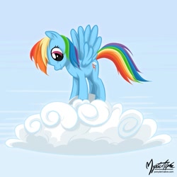 Size: 825x825 | Tagged: safe, artist:mysticalpha, character:rainbow dash, species:pegasus, species:pony, g4, cloud, cute, cutie mark, ear fluff, female, hooves, looking down, mare, on a cloud, smiling, solo, spread wings, standing, standing on a cloud, wings