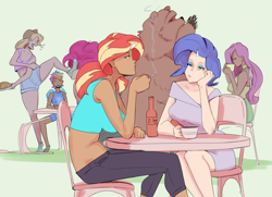 Size: 2362x1707 | Tagged: safe, artist:sundown, character:applejack, character:fluttershy, character:harry, character:pinkie pie, character:rainbow dash, character:rarity, character:sunset shimmer, species:human, bear, breasts, busty sunset shimmer, chair, cigarette, clothing, converse, eyes closed, horned humanization, humanized, shoes, shorts, sitting, smoke, smoking, table, winged humanization, wings