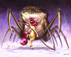Size: 1024x823 | Tagged: safe, artist:baron engel, character:apple bloom, species:earth pony, species:pony, arm hooves, bipedal, bloom butt, bow, colored pencil drawing, confrontation, hair bow, monster, plot, rear view, scythe, traditional art, underhoof