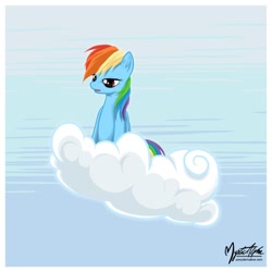 Size: 858x858 | Tagged: dead source, safe, artist:mysticalpha, character:rainbow dash, species:pegasus, species:pony, g4, cloud, ear fluff, female, hooves, mare, on a cloud, open mouth, sitting, sitting on a cloud, solo, unamused, wings