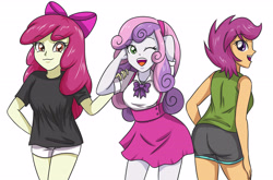 Size: 5314x3507 | Tagged: safe, artist:sumin6301, character:apple bloom, character:scootaloo, character:sweetie belle, species:pegasus, species:pony, my little pony:equestria girls, absurd resolution, bow, breasts, busty apple bloom, busty sweetie belle, butt, clothing, cute, cutie mark crusaders, dress, hair bow, looking at you, looking back, older, one eye closed, rear view, scootabutt, shirt, shorts, simple background, smiling, trio, white background, wink