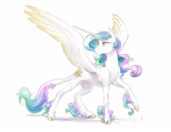 Size: 3300x2550 | Tagged: safe, artist:silfoe, character:princess celestia, species:alicorn, species:classical unicorn, species:pony, royal sketchbook, ask, chin fluff, cloven hooves, colored fetlocks, colored wings, colored wingtips, ethereal fetlocks, female, leonine tail, mare, raised hoof, simple background, solo, spread wings, tumblr, unshorn fetlocks, white background, wings