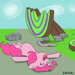 Size: 1000x1000 | Tagged: safe, artist:empyu, character:pinkie pie, species:earth pony, species:pony, 30 minute art challenge, aftermath, dizzitron, eyes closed, laughing, on back, open mouth