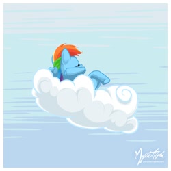 Size: 858x858 | Tagged: dead source, safe, artist:mysticalpha, character:rainbow dash, species:pegasus, species:pony, g4, cloud, eyes closed, female, hooves, lying on a cloud, mare, on a cloud, on back, sleeping, sleepydash, solo, wings